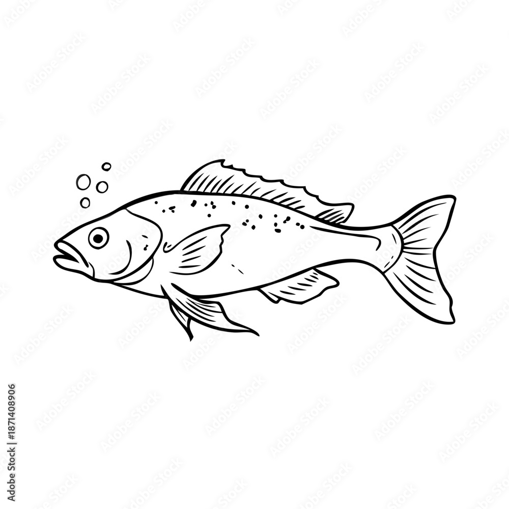 Fototapeta premium Detailed engraving drawing presents reef fish sketch, scales and fins. Hand drawn aquatic creature illustration, perfect reef fish sketch marine life study. Versatile reef fish sketch for education.