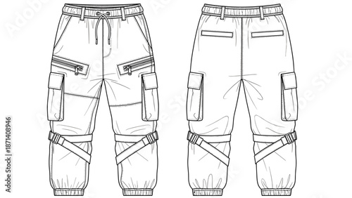Technical drawing shows cargo pants in modern fashion style, perfect for apparel design and textile production, with streetwear clothing industry applications and casual wear appea.