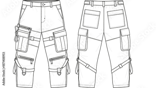 Fashionable Cargo Pants Flat Sketch Technical Drawing Depicts Modern Apparel Design, Utility Trousers with Multiple Pockets, Straps, and Zippers for Urban Streetwear Style in Conte.