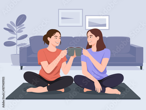 Two young women cheering with coffee cups sitting cross-legged on yoga mat in living room modern interior design concept friendship lifestyle illustration for wellness blogs social media marketing con