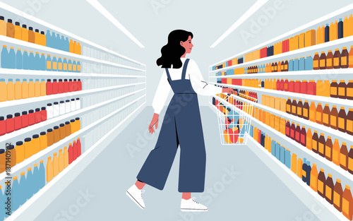 Young woman shopping for groceries walking with basket in supermarket aisle filled with colorful products organic food healthy lifestyle choices retail environment consumerism illustration for adverti