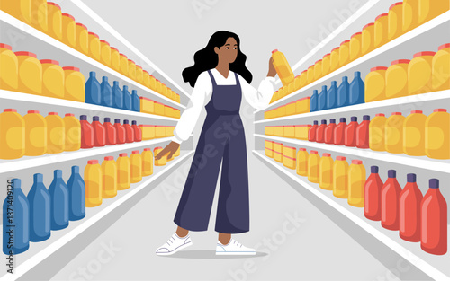 African American woman shopping for household cleaning supplies in supermarket aisle modern retail store employee consumer choosing detergent liquid products for home cleaning and laundry service busi