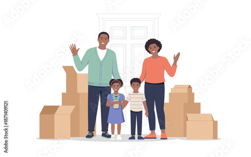 Happy African American family moving into new home with cardboard boxes parents and children in front of door relocation real estate residential property purchase homeownership lifestyle illustration