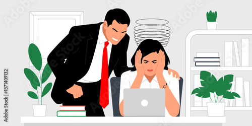 Angry boss shouting at frustrated employee working on laptop in modern office workplace upset stressed worker with headache under pressure corporate bullying harassment concept for business presentati