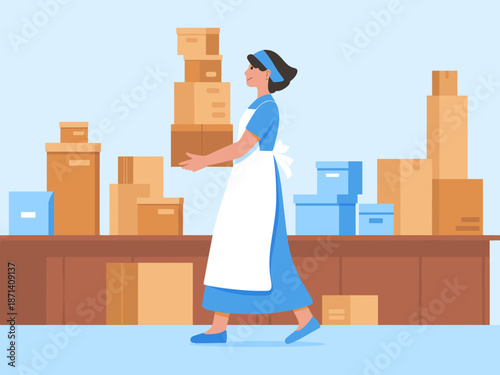 Cartoon woman carrying stack of boxes in warehouse setting illustration delivery person moving boxes in storage facility for relocation services organization and moving company website banner packagin