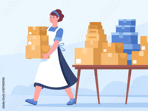 Woman carrying stack of cardboard boxes in warehouse distribution center preparing orders for shipping delivery service professional fulfillment worker in uniform logistics and supply chain management
