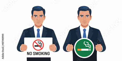Professional businessman holding no smoking sign and smoking area sign for workplace safety and health regulations corporate policy presentation on smoking cessation public awareness campaign vector i