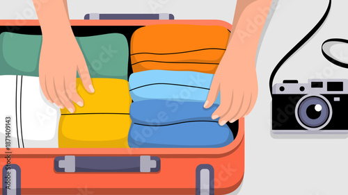Packing colorful clothes in suitcase for vacation trip preparation with vintage camera ready for travel adventure tourism concept preparing luggage for holiday journey and summer vacation planning gra