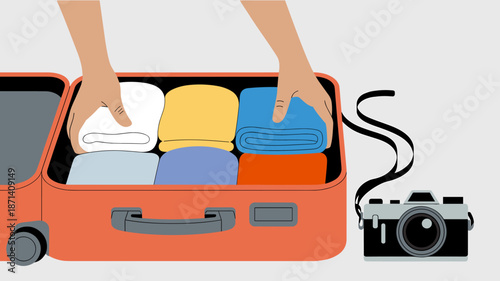 Packing suitcase for travel vacation trip with clothes and camera for tourism adventure concept preparing luggage vector illustration for holiday journey planning and preparation for summer getaway wi