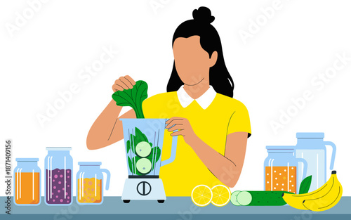 Young woman making healthy green smoothie with blender adding fresh spinach cucumber lemon and banana for nutritious breakfast wellness detox diet lifestyle in modern kitchen vibrant illustration conc