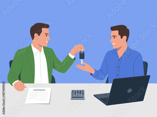 Happy man receiving new car keys from dealer in modern office setting signing contract with laptop computer and calculator for automotive industry sales business finance concept illustration deal agre
