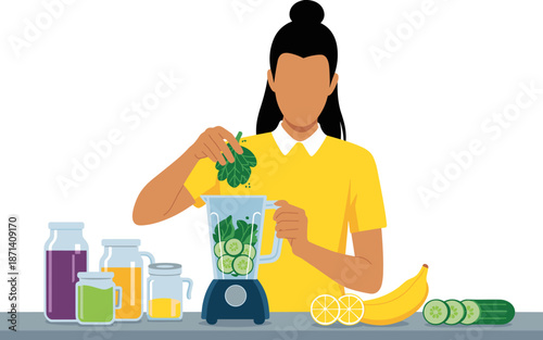 Healthy woman making green smoothie with fresh organic fruits and vegetables in blender for nutritious breakfast detox diet clean eating wellness lifestyle illustration for healthy recipes food and be
