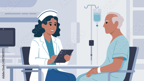 Caring female doctor consulting with senior male patient in hospital room professional healthcare consultation geriatric care medical assessment for treatment plan medicine and elderly support promoti