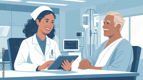 Caring doctor using tablet computer while consulting senior patient in hospital room modern healthcare facility showing medical expertise and support geriatric care for aging population health and wel