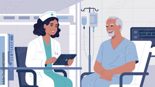 Smiling african american female doctor using digital tablet to check on elderly male patient in hospital bed modern healthcare facility professional medical consultation for diagnosis treatment recove