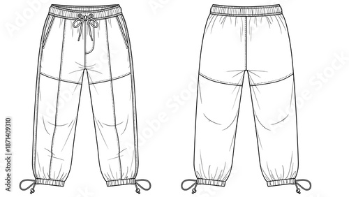 Jogger Pants Fashion Illustration: Technical sketch of stylish casual trousers with drawstring waist and ankle ties for apparel design, creating fashion templates and presentations.