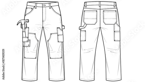 Technical blueprint of durable work pants, showcasing front and back views, featuring practical pockets, tool loops, and sturdy design for construction, carpentry, or renovation pr.