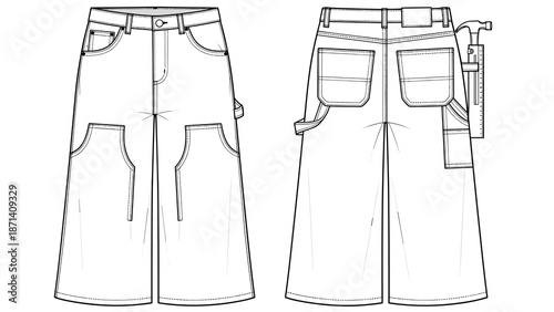 Carpenter Trousers Fashion Flats Technical Drawing Details Shows Workwear Pants Construction with Pockets and Tool Holster for Garment Industry Design and Product Development Proje.