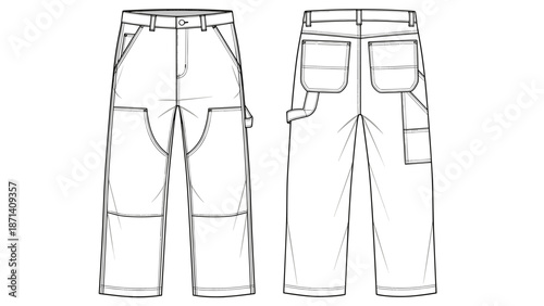 Fashionable carpenter jeans technical drawing showcases streetwear style with utility pockets, seams, and design details for apparel, construction, and tailoring applications, prov.