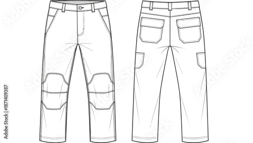 Detailed Technical Sketch of Workwear Cargo Pants Showcasing Front and Back Views for Fashion Design and Industrial Apparel, Illustrating Functional Pockets and Reinforced Knee Det.