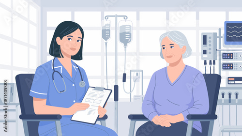 Caring female doctor in blue uniform reviewing medical chart with senior woman patient in hospital room healthcare professional providing treatment and support for elderly woman during clinical consul