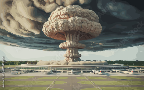 Dramatic nuclear explosion over modern airport terminal with airplanes in apocalyptic scenario depicting disaster and crisis management for emergency response planning and global security risk assessm