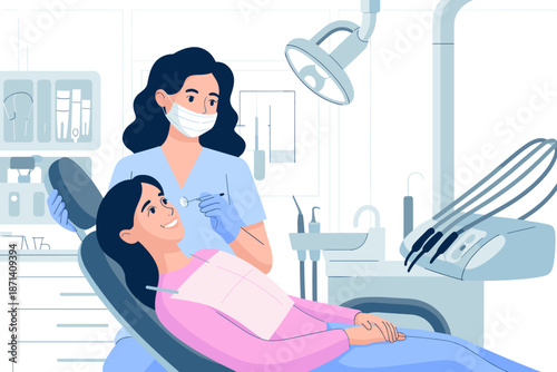 Female dentist examining happy patient teeth in modern clinic professional dental care checkup appointment procedure cartoon illustration for healthcare advertising medical presentations oral hygiene