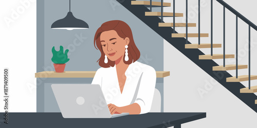 Modern woman working on laptop computer at home office desk professional businesswoman employee character illustration for corporate presentation remote work lifestyle digital nomad technology startup