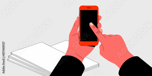 Hands holding tapping on red smartphone mobile phone device for business applications and digital solutions in modern office workspace for professional corporate employee communication technology conc