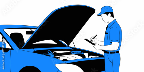 Car mechanic inspecting vehicle engine with clipboard in auto repair shop professional automotive maintenance service technician writing checklist on automobile under the hood for garage business webs