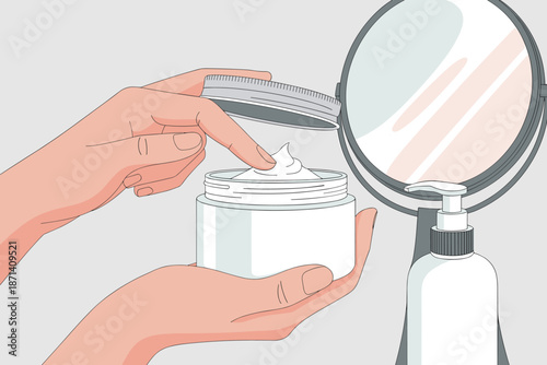 Woman using cosmetic cream for skincare routine in modern bathroom setting applying moisturizing lotion treatment for healthy skin beauty treatment illustration for wellness advertising health and bea