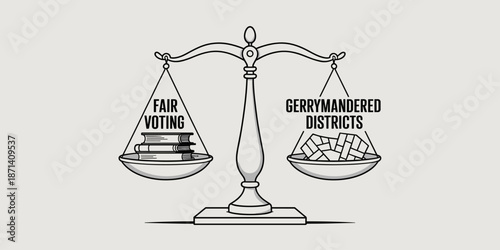 Fair Voting vs Gerrymandering Scales Concept Illustration Depicting Equal Representation and Impartial Districts for Political Balance in Elections and Government Policies Advocacy Campaign Visual for