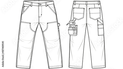 Workwear utility pants technical drawing fashion sketch showcases front and back views, highlighting detailed pockets, tool holder, and construction for manufacturing design planni.