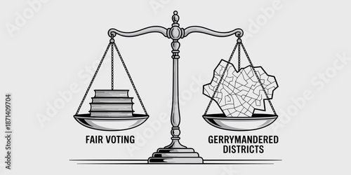 Fair Voting Versus Gerrymandering Concept Illustration Political Scales of Justice Weighing Fair Representation Against Gerrymandered Districts for Election Reform Advocacy and Democratic Process Awar