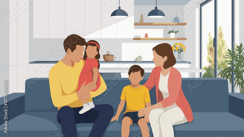 Happy family sitting together on sofa in modern living room interior father holding daughter mother and son enjoying time at home concept for lifestyle family bonding advertising and marketing present
