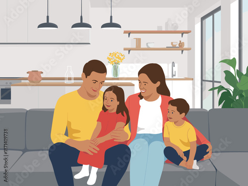 Happy family relaxing together on sofa in modern living room interior enjoying leisure time parents and children bonding at home cheerful lifestyle illustration for real estate advertising and family