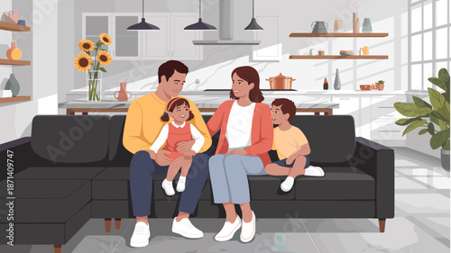 Happy family with two kids sitting on sofa in modern home interior loving parents with daughter and son together in living room illustration for domestic life family bonding and relationship happiness