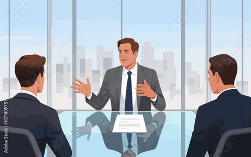 Confident mature businessman presenting to colleagues in modern office boardroom meeting collaboration discussion for corporate leadership strategy planning executive presentation teamwork business co