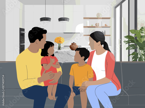 Happy multiracial family sitting together on sofa in living room modern home interior relaxed diverse parents with children enjoying time together in contemporary house design for real estate advertis