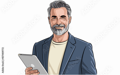 Smiling mature cartoon businessman holding digital tablet computer in modern professional suit jacket for corporate strategy presentation confident manager or executive leader in business technology a