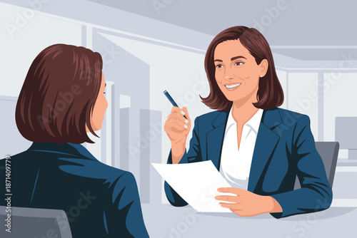 Professional businesswoman interviewing job applicant in modern office setting successful hr manager holding resume discussing career opportunities recruitment process corporate business meeting vecto
