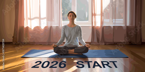 Calm woman meditating in lotus position on yoga mat at home in 2026 start new year peace zen mindful practice for wellness lifestyle goals and resolutions health and fitness exercise training and rela