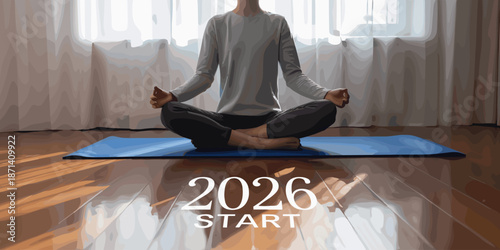 Woman practicing yoga meditation lotus pose on blue mat for 2026 new year start goals resolution mindful wellness concept in modern home interior for fitness lifestyle blog post or healthy living soci
