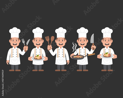 Cartoon chef character set holding kitchen utensils and food preparation culinary arts concept for restaurant menu design food industry advertising professional cooking class presentation healthy eati