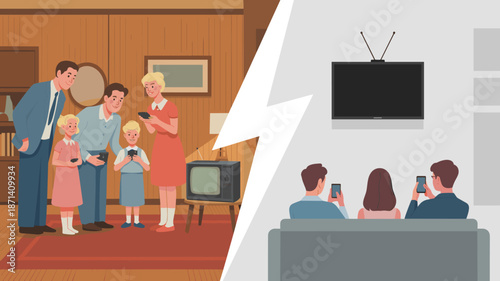 Families with Smartphones Watching TV Then and Now Generational Technology Gap Smart Home Evolution Modern Entertainment Versus Retro Media Old vs New Tech Mobile Devices Digital Lifestyle Streaming S