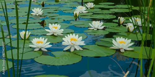 Elegant white water lilies blooming on lily pads in tranquil pond serene aquatic garden scene nature photography of beautiful water plants and reflections for botanical illustration environmental cons