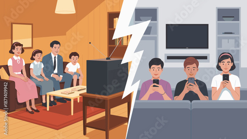 Retro family watching old tv versus modern generation using mobile phones in living room comparison of technology era social media addiction concept for advertising marketing presentation digital life