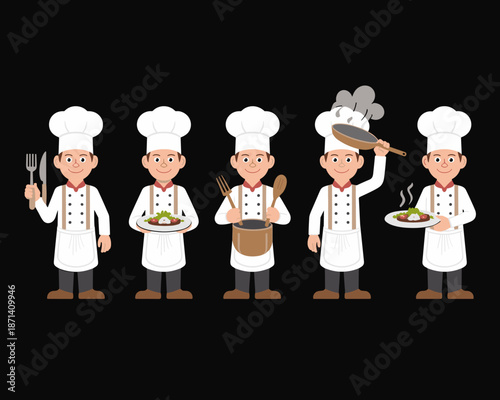 Cartoon chef characters cooking food preparation culinary arts cuisine restaurant catering service professional cook with frying pan holding plate of salad recipe concept for food industry presentatio