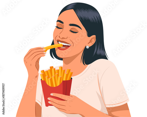 Happy woman eating french fries enjoying tasty snack isolated on white background delicious fried potatoes in red package fast food meal junk food indulgence lifestyle marketing promotion for restaura