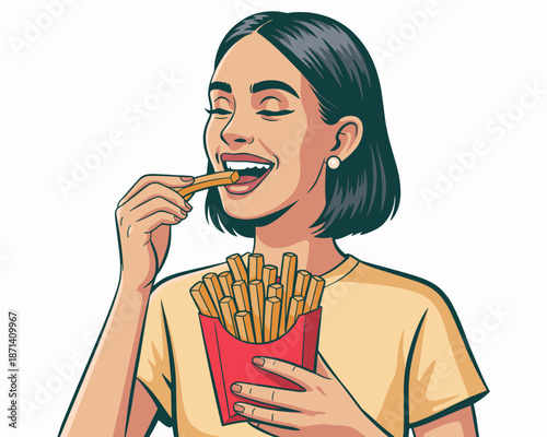 Happy woman eating french fries enjoying junk food meal smiling with eyes closed holding fried potatoes in red carton fast food restaurant unhealthy diet lifestyle illustration for advertising marketi